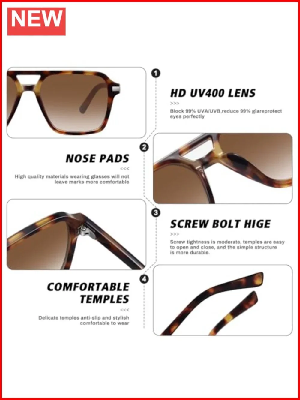 Retro Square Aviator Sunglasses Double Bridge Unisex Trendy 70s 80s 90s Shades